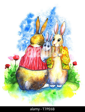 Happy family painted with watercolor by hands. On a sunny summer day, Dad and Mom are standing in the meadow, hugging their rabbit baby. Vertical form Stock Photo