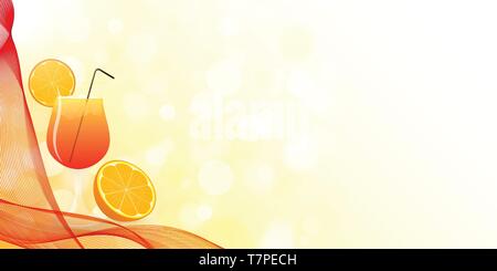 Summer refreshing design. Cocktail with black straw. Orange slice on the edge of the glass. Half fruit besides the iced drink. Holiday card, coupon, b Stock Vector