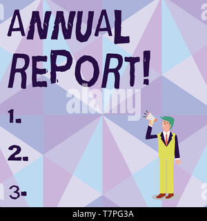 Conceptual hand writing showing Annual Report. Concept meaning financial summary of a company s is activities during the year Businessman Looking Up,  Stock Photo