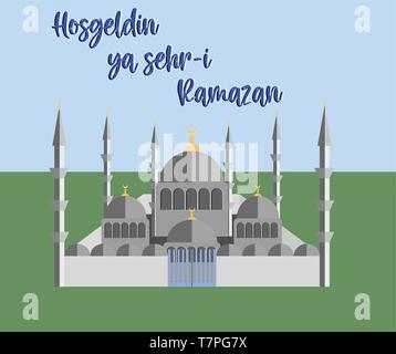 islamic holy month Ramadan illustration with welcome Ramadan message and mosque in Turkish language Stock Vector