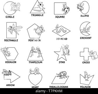 Black and White Educational Cartoon Illustration of Basic Geometric Shapes with Captions and Insects Animal Characters for Children Stock Vector