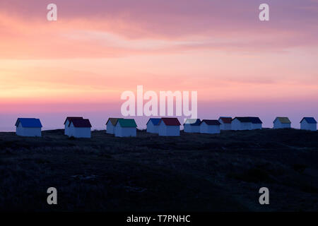 Row of beach Huts with colourful roofs at pink light of twilight, Gouville-sur-Mer, Normandy, France Stock Photo