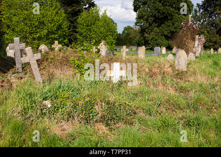 Grave cross overgrown in St Peters Chuch graveyard, in the village of Dunchurch, Warwickshire, West Midlands, England. The grass is being left to grow Stock Photo