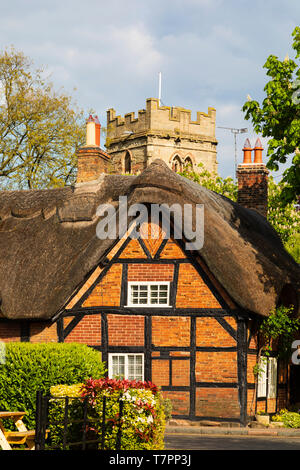 Grade II listed, The Old Forge, timber framed, thatched cottage, with St Peters church in the  village of Dunchurch, near Rugby, Warwickshire, Stock Photo