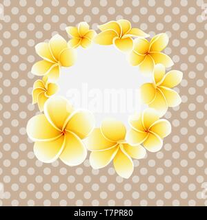 Vector golden frangipani or plumeria flower on polka dot background postcard Stock Vector