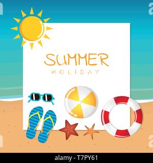 summer holiday design with sunglasses flip flops ball and starfish vector illustration EPS10 Stock Vector