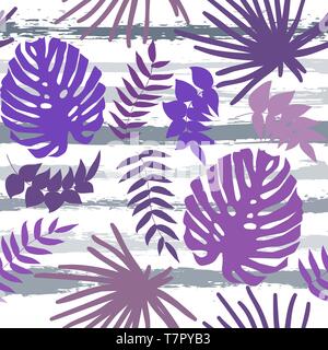 Tropical palm leaves seamless pattern on grunge stripes background. Vector illustration Stock Vector