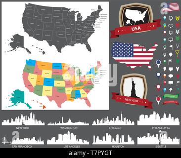 United States map with main cities silhouettes set Stock Vector