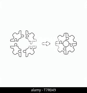 Vector icon concept of gear shaped puzzle pieces connecting. Black outlines. Stock Vector