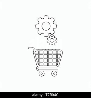 Vector icon concept of gears over shopping cart. Black outlines. Stock Vector