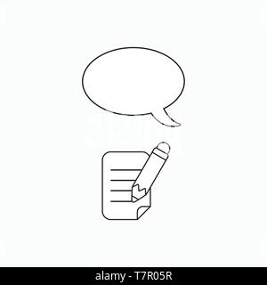 Vector icon concept of pencil writing on paper with blank speech bubble. Black outlines. Stock Vector