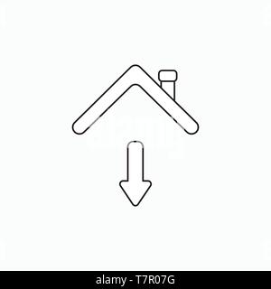 Vector icon concept of arrow moving down under house roof. Black outlines. Stock Vector