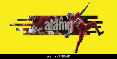 American football players in action against yellow copyspace Fit caucasian men in uniform fighting for goal. Human emotions and facial expressions, sport, movement concept. Creative collage. Stock Photo