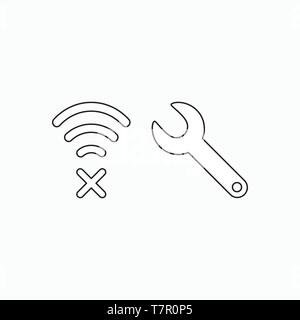 Vector icon concept of fix wifi connection problem and spanner. Black outlines. Stock Vector