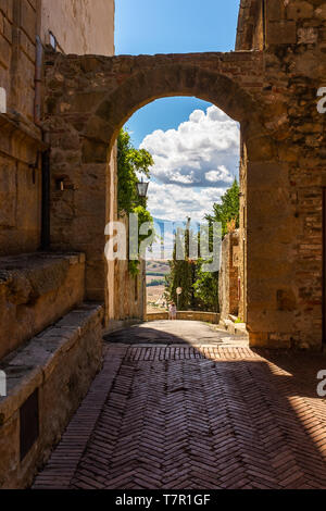 Looking through an ancient stone archway at a row of trees, inside the ...