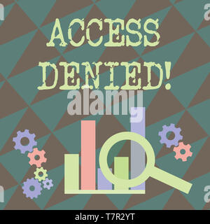 Writing note showing Access Denied. Business concept for error message shown when you do not have access rights Magnifying Glass On Chart beside Cog W Stock Photo