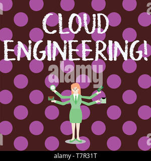 Word writing text Cloud Engineering. Business photo showcasing application of engineering disciplines to cloud computing Businesswoman with Four Arms  Stock Photo