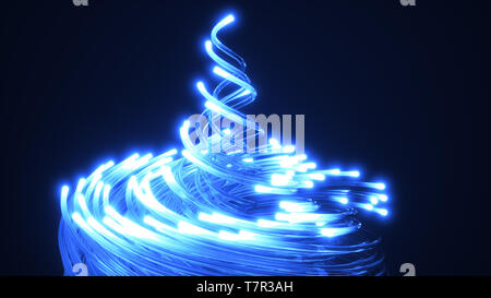 blue fiber optic cables vortex. glass strings glowing in dark. 3d illustration Stock Photo