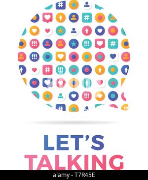 Vector illustration of a social media communication concept. Lets talking word with social activity icons in a message bubble. Stock Vector