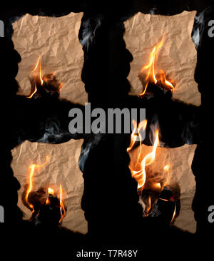 burning piece of crumpled paper on black background Stock Photo
