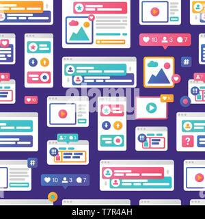 Vector illustration pattern social media communication concept with colorful cross-platform browser windows Stock Vector