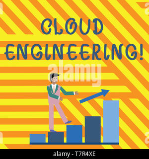 Word writing text Cloud Engineering. Business photo showcasing application of engineering disciplines to cloud computing Smiling Businessman Climbing  Stock Photo