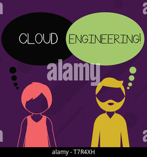 Word writing text Cloud Engineering. Business photo showcasing application of engineering disciplines to cloud computing Bearded Man and Woman Faceles Stock Photo