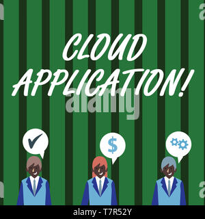 Text sign showing Cloud Application. Business photo text the software program where cloud computing works Businessmen Each has their Own Speech Bubble Stock Photo