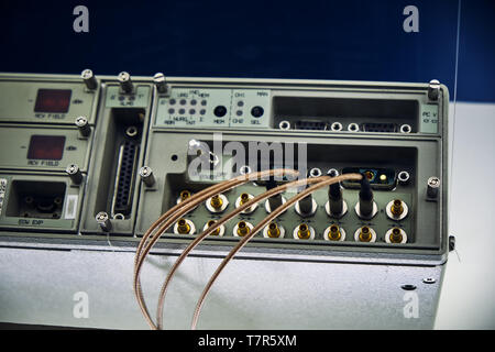 Milan Italy April 2019 - Museum of technology Leonardo da Vinci - back view of control panel vintage old electronic device Stock Photo