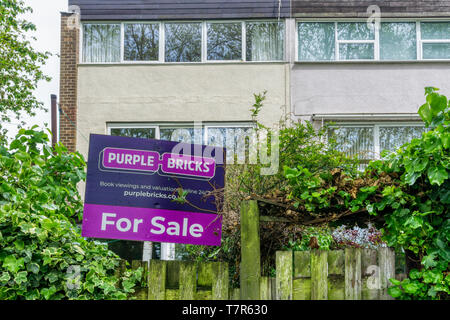 A Purple Bricks online estate agents' For Sale sign or board on a property in Bromley, South London. Stock Photo
