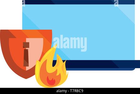 shield fire cybersecurity data protection vector illustration outline ...
