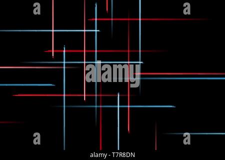Moving abstract neon lines in space. Abstract blue and red neon lines in space on dark isolated background. Vector light effect Stock Vector