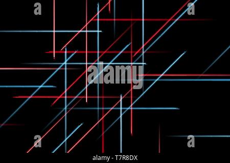 Moving abstract neon lines in space. Abstract blue and red neon lines in space on dark isolated background. Vector light effect Stock Vector
