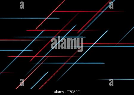 Moving abstract neon lines in space. Abstract blue and red neon lines in space on dark isolated background. Vector light effect Stock Vector
