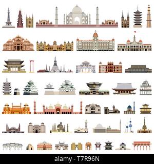 collection of isolated vector temples, towers, cathedrals, pagodas, mausoleums. ancient buildings and other architectural monuments Stock Vector