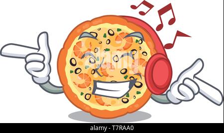 Listening music seafood pizza in the mascot shape Stock Vector