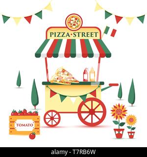 Pizza cart icon in cartoon style isolated on white background. Stock Vector