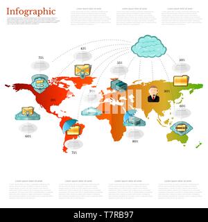 information storage infographic world with icons of man and information storage icon all around the world Stock Vector