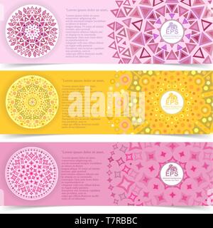 paper blank template or banner set with folk mosaicyellow and pink pattern Stock Vector