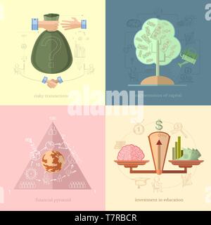 Flat design vector illustration concepts of finance and business, icons for finance and business risky transactions financial pyramid investment in ed Stock Vector