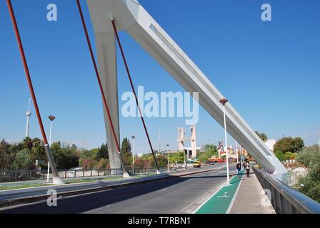 The Puente de la Barqueta in Seville, Spain on April 3, 2019. The suspension bridge was completed in 1992 for access to the Universal Exposition. Stock Photo