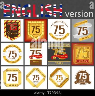 Set of number seventy-five years (75 years) celebration design. Anniversary golden number template elements for your birthday party Stock Vector