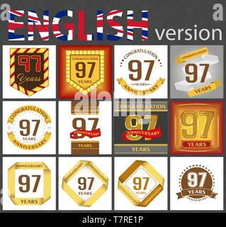 Set of number ninety-seven years (97 years) celebration design. Anniversary golden number template elements for your birthday party Stock Vector