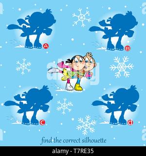 In the vector illustration puzzle, find the right silhouette of children who skate Stock Vector