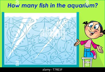 In the vector illustration puzzle how many fish in the aquarium. Ready design template for your project. Stock Vector