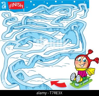 In vector illustration puzzle, maze, how to help a child on a sled to get there finish line Stock Vector