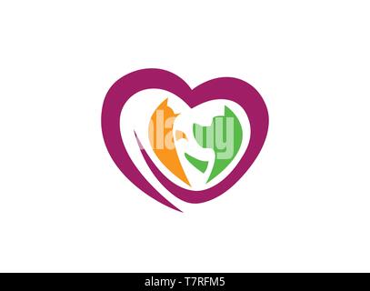 Heart caring pets, dog and cat, Herz und Haustiere for logo design illustration, cute face icon, head pet symbol on white background Stock Vector