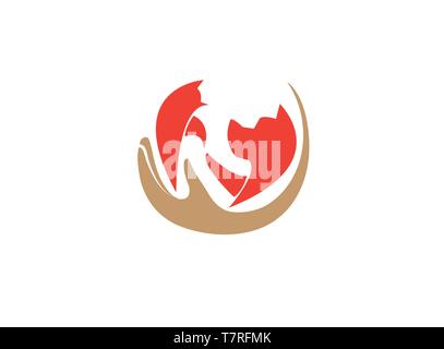 Family hand caring pets, dog and cat Hund und Katze logo design illustration, cute face icon, head pet symbol on white background Stock Vector