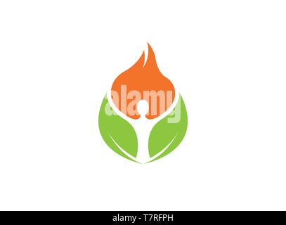 Yoga fire leave meditation creative symbol logo design illustration, cute face icon, head symbol on white background Stock Vector
