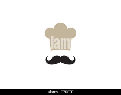 Chef a cooker hat with mustache logo design illustration, cooker head icon, a symbol on white background Stock Vector